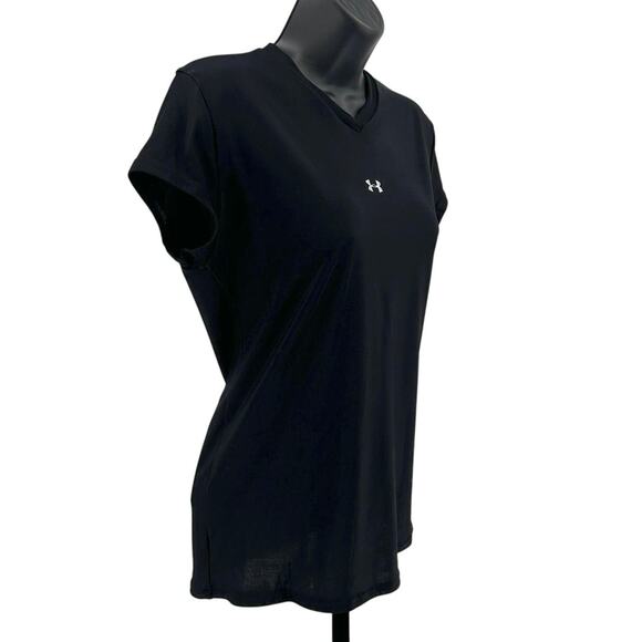 Under Armour Shirt WMNS XL Athletic V-Neck Pullover Black Short Sleeve Stretchy - Picture 2 of 5